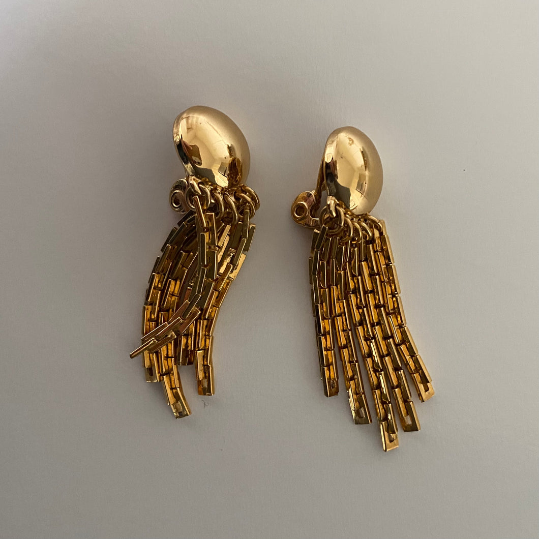 1970s Vintage Monet Gold Tone Tassel Clip On Earrings